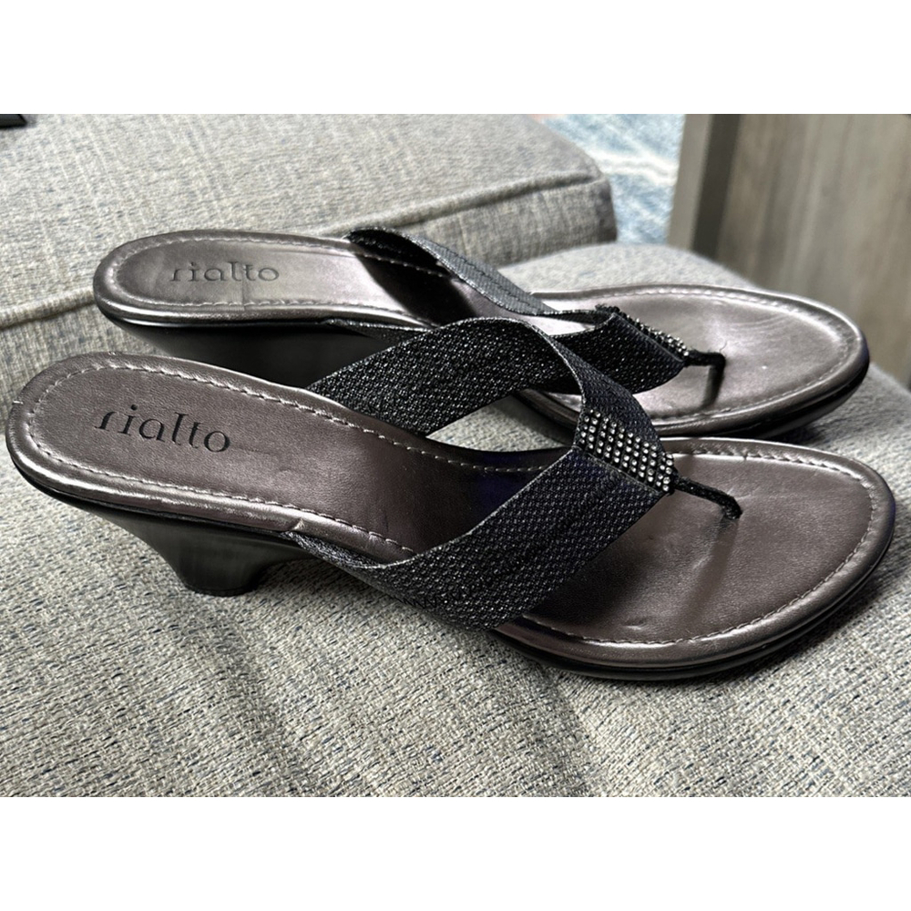 RIALTO Women Heeled Sandals Sz 9.5 Gray Embellished Rhinestones Metallic Silver
